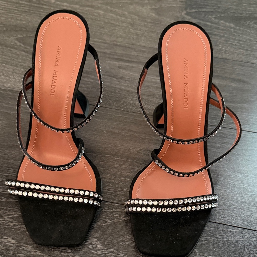 Amina Muaddi Black Heels with Sparkling Accents